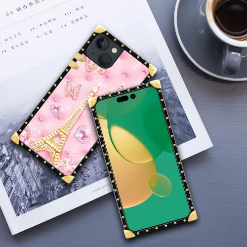 Vista 3 de DAIZAG Funda compatible con iPhone 14 Pro, funda de teléfono de mariposa de la Torre Eiffel para niñas y mujeres, funda cuadrada de poliuretano
