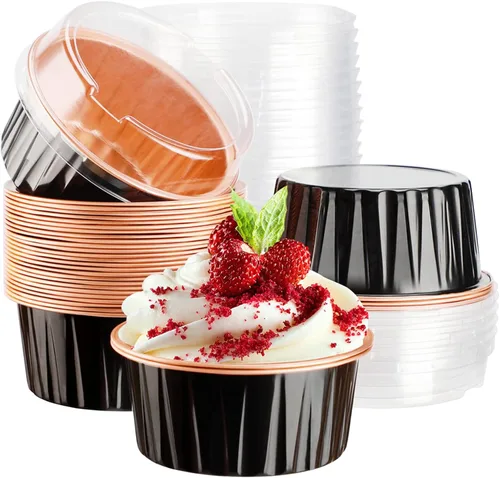 Vista 29 de EUSOAR Vasos de aluminio con tapas, 30 moldes desechables de papel de aluminio para muffins de 5 onzas, moldes para hornear, recipientes desechables