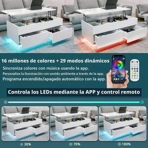 Vista 5 de HOMMPA Morden - Mesa de centro LED de 40 pulgadas con tapa elevable, color negro brillante, con almacenamiento oculto, sala de estar, mesa de té