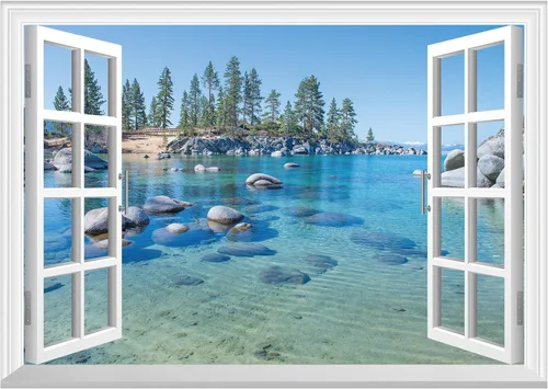 Vista 9 de FLFK Adhesivo falso para pared para ventana, mural de pared de ventana de playa de atardecer para decoración de pared, calcomanías de pared