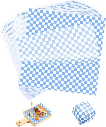 120 hojas de papel encerado de 12 x 12 pulgadas, forros para cestas de alimentos, hojas de papel de cera a cuadros para pan y sándwiches fritas, azul