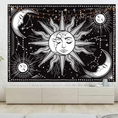 Vista 4 de Tapiz de pared blanco y negro, tapiz estético de luna para dormitorio, sala de estar, decoración de dormitorio, impreso sin flecos