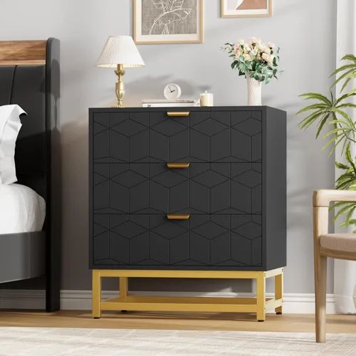 GAOMON Cómoda de 3 cajones, cajones de madera con almacenamiento para armario, dormitorio, cómoda moderna de noche con asas doradas, color negro