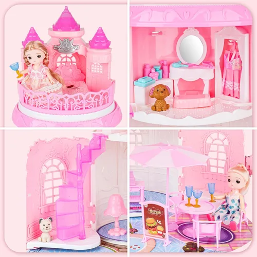 Vista 2 de deAO Casa de muñecas para niñas, juego portátil, casa de muñecas, castillo, juego de simulación para niños con 2 figuras de muñeca, sala de estar