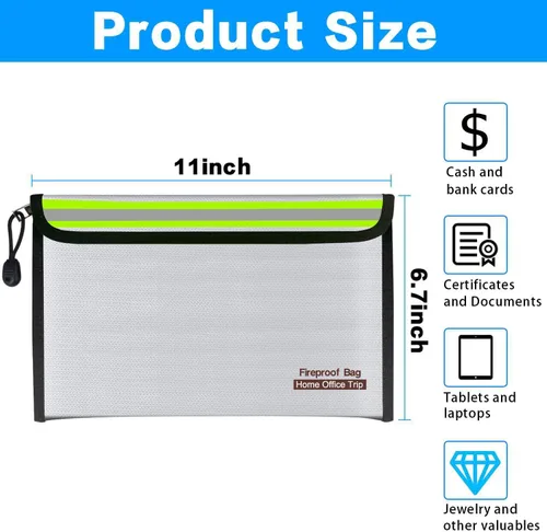 Vista 2 de Bolsa de documentos ignífuga de 11.0 x 6.7 in, para oficina en casa, viajes, bolsa de almacenamiento segura con cremallera para documentos, dinero