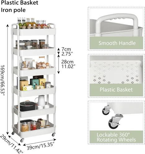 Vista 4 de Sywhitta - Carrito rodante de utilidad de plástico de 6 niveles con asa, carrito de almacenamiento multifuncional para oficina, sala de estar