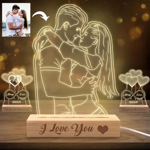 Vista 9 de Luz nocturna de ilusión 3D personalizada, lámpara de nombre personalizada, placa de luz acrílica con corazón LED, soporte grabado de madera