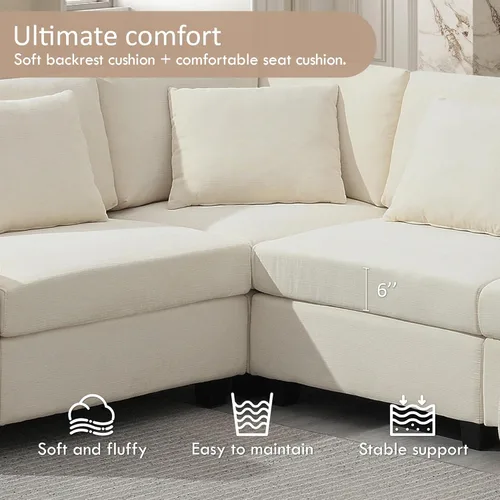Vista 230 de Sofá modular de felpilla con tapicería en forma de L, sofá modular de 4 asientos con otomana extraíble y 5 almohadas para sala de estar, apartamento