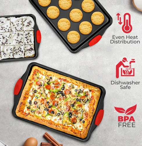 Vista 4 de PERLLI Juego de 3 moldes antiadherentes para hornear, acero al carbono sin BPA, con asas de silicona, juego de horno de cocina apilable, bandeja