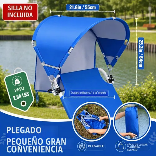 Vista 3 de Toldo universal XL resistente al viento para silla, extra grande plegable UPF 50+ con abrazadera ajustable, se adapta a la mayoría de la playa