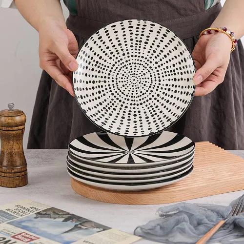 Vista 7 de Platos de cerámica para postre de 8 pulgadas, juego de 6 platos de ensalada, estilo japonés moderno, aptos para lavavajillas y microondas