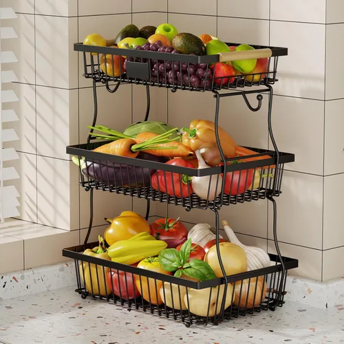 Vista 9 de Cesta de frutas de 2 niveles para encimera de cocina con 2 ganchos para plátanos, cesta de pan de metal para encimera con mango de madera, soporte