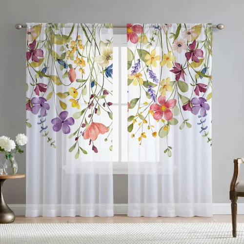 Vista 19 de Cortinas de hojas de eucalipto verdes para sala de estar de 63 pulgadas de largo, juego de 2 paneles elegantes de flores silvestres con estampado