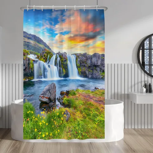 Vista 192 de Baocicco Cortina de ducha de mármol azul abstracto a rayas, decorativa, textura de lujo, línea moderna, decoración de acuarela, juego de cortinas