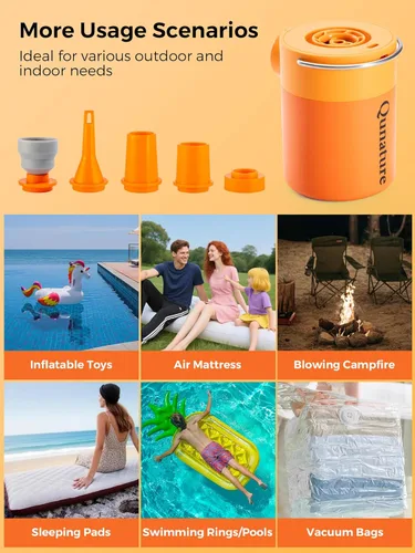 Vista 4 de Qunature - Mini bomba eléctrica portátil para inflables con batería de 1500 mAh, luz de campamento, recargable, USB, desinflado para colchón de cama