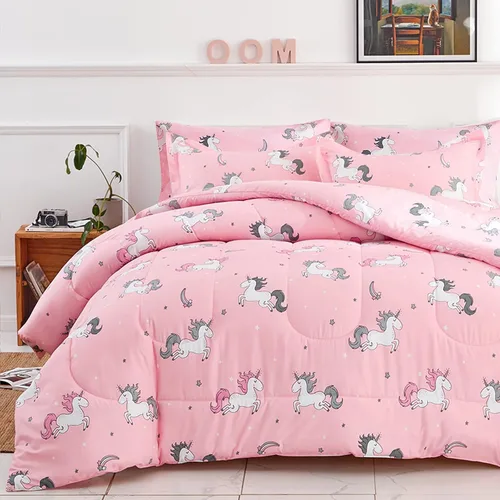 Vista 2 de UOZZI BEDDING Bed in a Bag - Juego de edredón reversible de 6 piezas, tamaño individual, color rosa unicornio con estrella arcoíris, microfibra