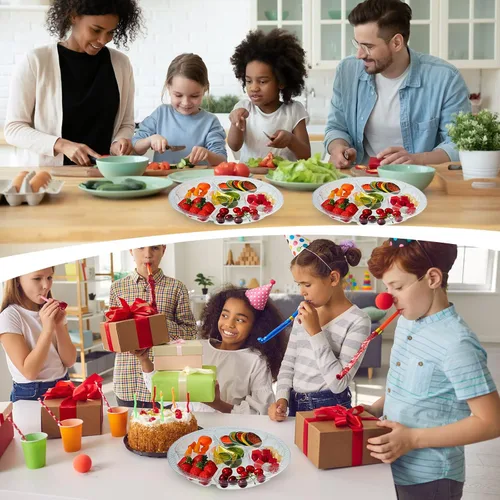 Vista 6 de Yetene 24 bandejas redondas de plástico de 12 pulgadas con tapa, bandeja dividida desechable, bandeja para servir 6 bandejas seccionales de frutas