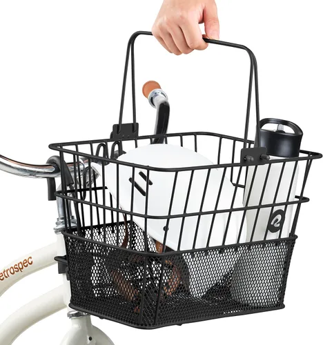 Vista 8 de Retrospec Apollo canasta delantera desmontable para bicicleta de media red de acero con ganchos desmontables integrados y asas incorporadas, fácil