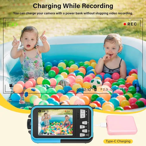 Vista 6 de Acuvar Cámara digital impermeable, cámara subacuática de 48 MP con doble pantalla, enfoque automático, profundidad de 11 pies, cámara flotante