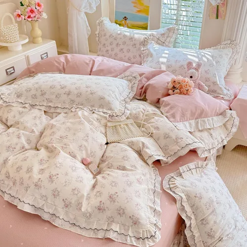 Vista 9 de Shabby Chic - Juego de funda de edredón floral, tamaño individual, 3 piezas, 100% algodón, estética, funda de edredón y 2 fundas de almohada, suave