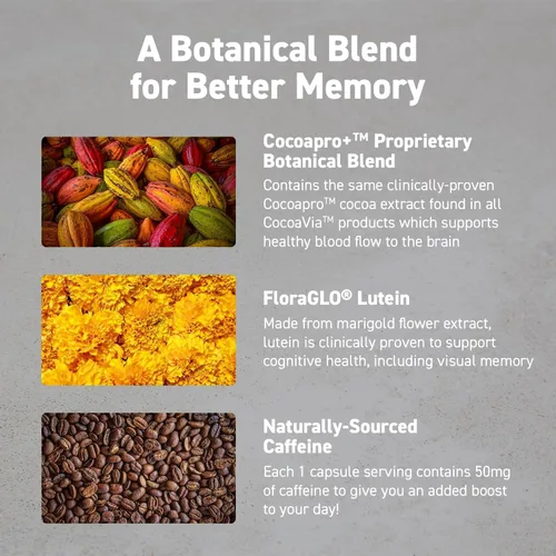 Vista 4 de CocoaVia Suplemento cerebral Memory & Focus, 30 días, mezcla de flavanol de cacao, luteína, cafeína añadida para impulsar. Mejora la función