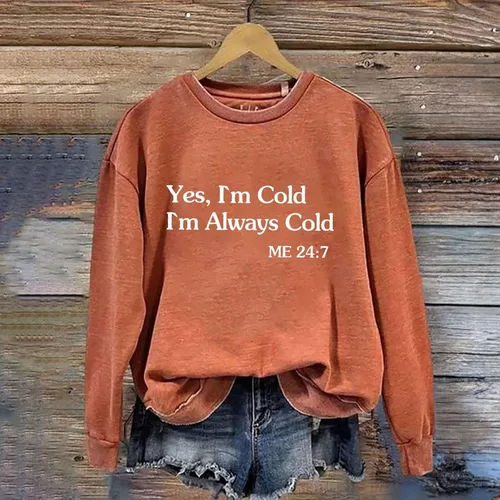 Vista 3 de Kainawee Yes I'm Cold - Sudadera para mujer, casual, de manga larga, cuello redondo, para otoño, divertida blusa con estampado de letras