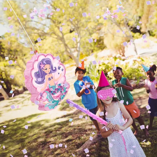 Vista 6 de Piñata de concha para fiesta de cumpleaños de sirena, piñata temática de mar con palo, venda y confeti para decoración de cumpleaños de sirena