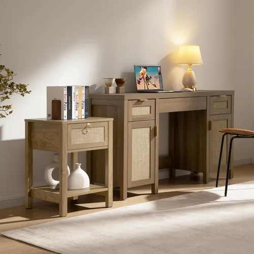Vista 7 de SICOTAS Rattan Nightstand,Rattan Decor Drawer with Brass Knobs Night Stand Bedside Table Boho End Tables Side Tables with Storage Shelf for