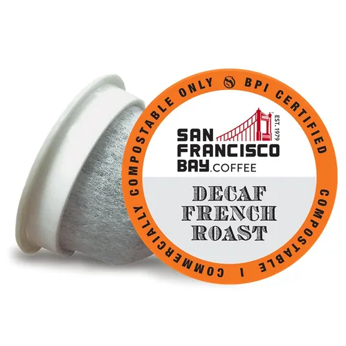 SF Bay - Café tostado francés descafeinado OneCup, 72 cápsulas compostables, tostado oscuro arábica descafeinado, compatible con la mayoría de