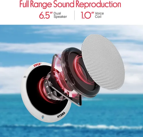 Vista 3 de Pyle Altavoces marinos duales de 6.5 pulgadas, sistema de sonido estéreo de 2 vías, impermeable y resistente a la intemperie, con 400 vatios