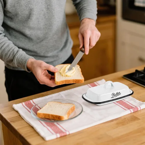 Vista 5 de Suwimut Mantequillera esmaltada con tapa, bandeja de mantequilla blanca esmaltada vintage, soporte para mantequillas de borde negro, recipiente