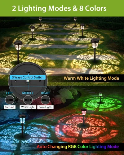Vista 3 de XMCOSY+ Luces solares para caminos al aire libre, paquete de 6 luces solares RGBW para exteriores, encendido/apagado automático IP65, luces solares