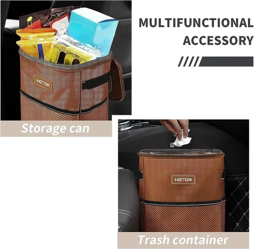 Vista 5 de Hotor Cesto de basura marrón, para automóvil, con correa ajustable, broches magnéticos, forro impermeable y bolsillo de almacenamiento