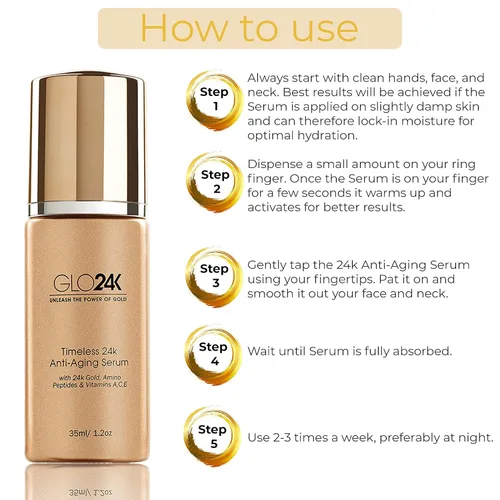Vista 6 de GLO24K Crema antienvejecimiento y suero con oro de 24 quilates, aminopéptidos, vitaminas A, C, E