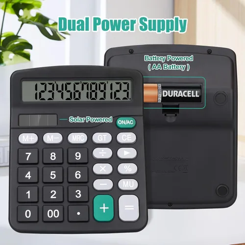 Vista 2 de Calculadora de escritorio, calculadora negra con botones grandes, pantalla LCD grande de 12 dígitos, batería solar y AA de doble potencia