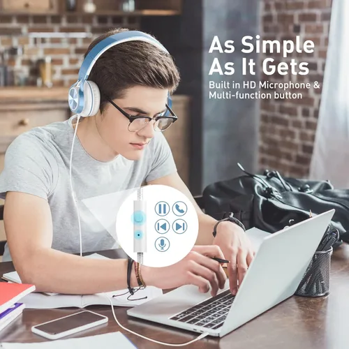 Vista 2 de AILIHEN Auriculares para Niños para la Escuela para Chicos, Auriculares con Micrófono para Chromebook Laptop Computadora Smartphone, Auriculares Azul