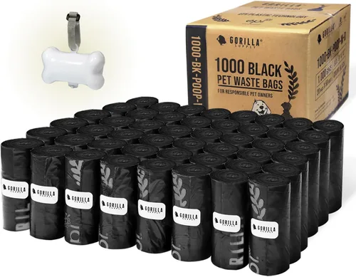 GORILLA SUPPLY Bolsas de basura para excrementos de perro con dispensador y lazo para correa, 9 x 13 pulgadas, color negro, 1000 unidades