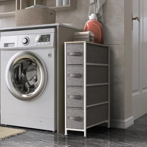 Vista 2 de Sorbus Cómoda estrecha con 4 cajones - cómoda de almacenamiento vertical delgada con marco de acero, parte superior de madera y contenedores de tela