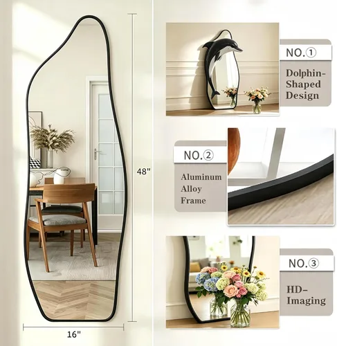 Vista 5 de Dolphin Shape Full Length Door Mirror 16"x48", Metal Frame with Protective Film, No-Drilling Hanging or Wall Mount, Hooks & Hardware Included, Full