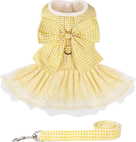 Vista 6 de Vestido para perro a cuadros con lazo, bonito vestido para perro pequeño, gato, cachorro con correa de arnés (azul, M)