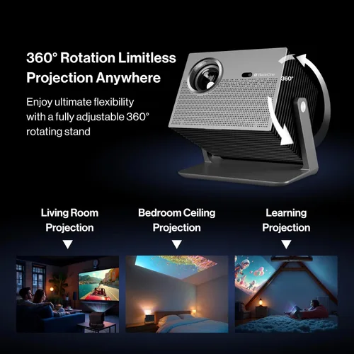 Vista 4 de Proyector Cube 600 Netflix, proyector portátil 1080P con WiFi y Bluetooth, verdadero ISO 600 lúmenes ANSI, soporte de cardán ajustable de 360°
