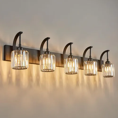 Vista 29 de Lámpara de tocador de cristal de 4 luces, aplique de pared de baño cromado moderno con pantallas de cristal K9, 32.67" de largo, iluminación sobre