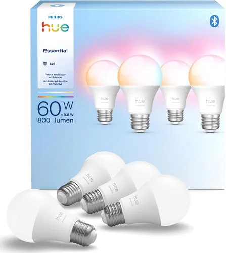 Vista 12 de Philips Hue Essential - Bombilla LED inteligente A19, ambiente blanco y color, base E26, 8.8W, 2200K-6500K, 800 lúmenes, regulable, funciona