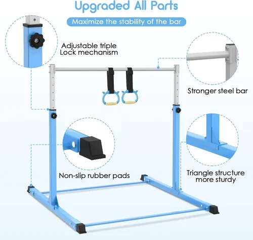 Vista 2 de Safly Fun Gymnastics Bar for Kids Ages 3-15 Sturdy Steel Home Gym, Adjustable Height (3 to 5 ft) with Anti-Slip Base, Easy Assembly