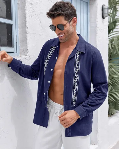 Vista 4 de Camisa de guayabera cubana para hombre, de algodón, lino, manga corta, informal, hippie, con botones, con bolsillo
