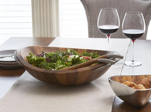 Vista 7 de nambe Ensaladera trenzada con servidores, juego de 3 piezas, cuenco grande de madera para ensalada César, ensaladas grandes, ensaladera grande