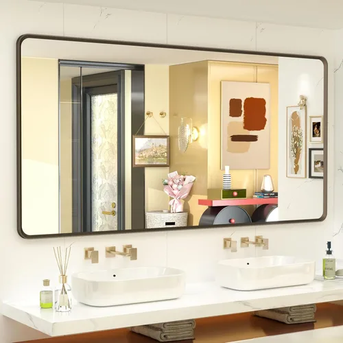 Vista 21 de OKPAL Espejo de Baño con Marco de Metal Negro de 40 x 36 Pulgadas para Pared, Espejo de Tocador de Baño Negro Mate, Espejo Rectangular Redondeado