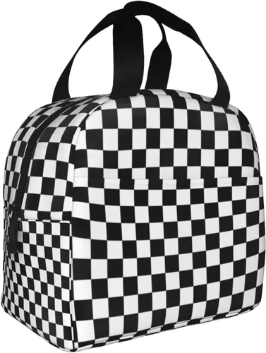Vista 8 de Bolsa de almuerzo reutilizable con diseño de bandera a cuadros en blanco y negro, lonchera aislada para estudiantes, trabajo, viajes al aire libre