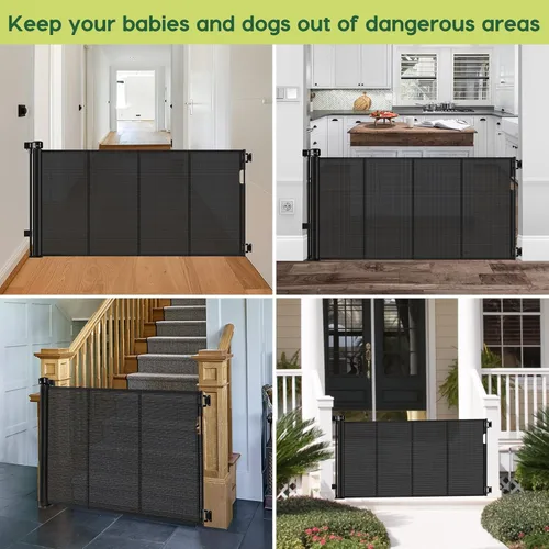 Vista 7 de Puertas de bebé retráctiles reforzadas de 55" de ancho con tiras reforzadas, puerta retráctil para perros interior/exterior para puerta, evita