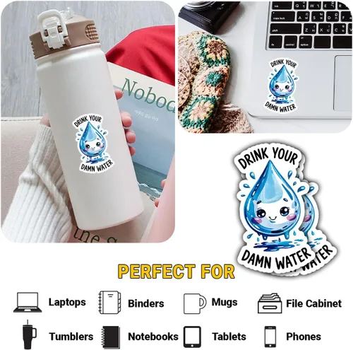 Vista 4 de (3 piezas) Drink Your Damn Water Sticker – Calcomanía de vinilo con cita motivacional impermeable para laptop, botella de agua, vaso, automóvil